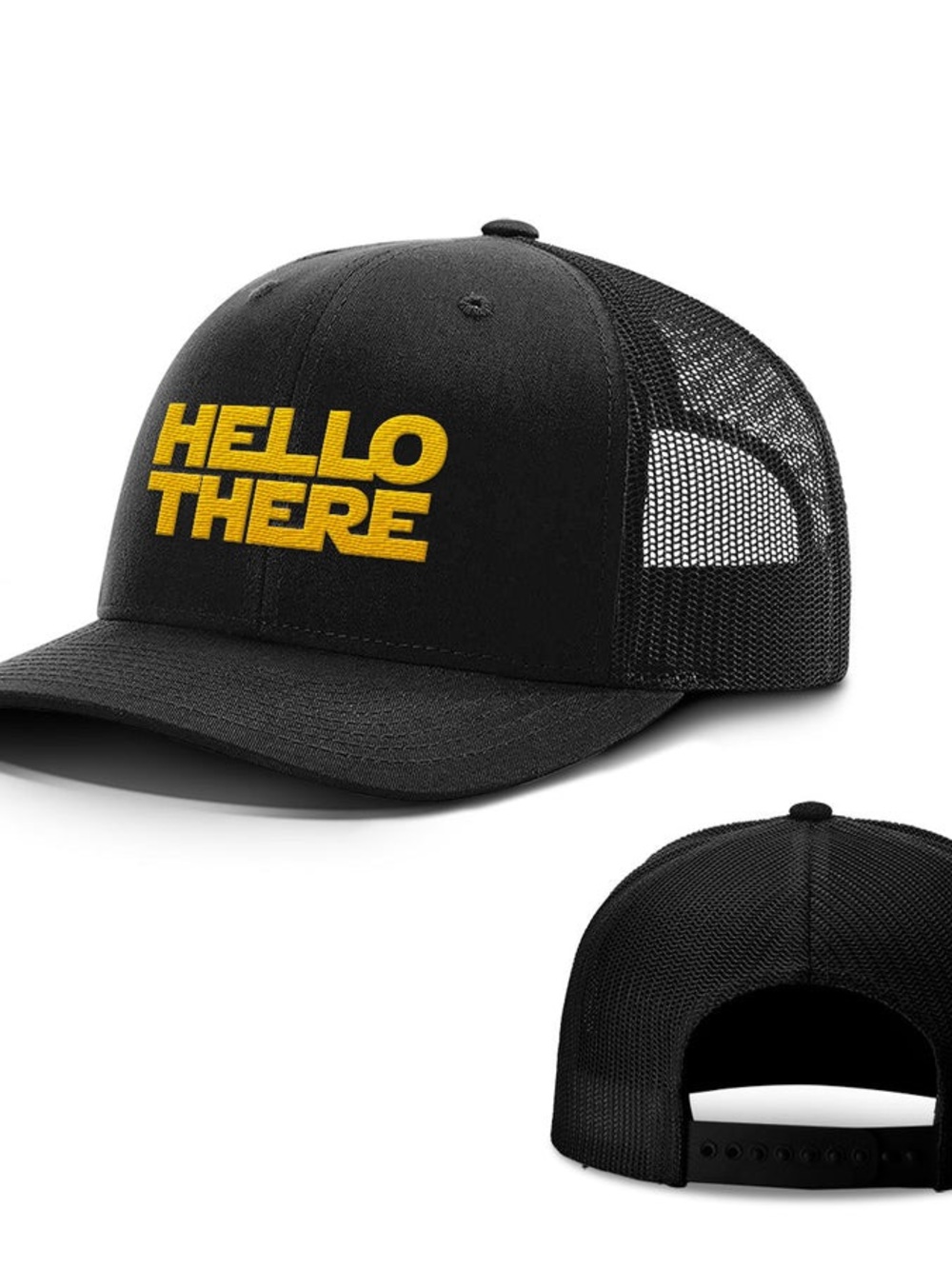 Busted Tees Black Trucker Hat with Yellow "HELLO THERE" Embroidery SnapBack
